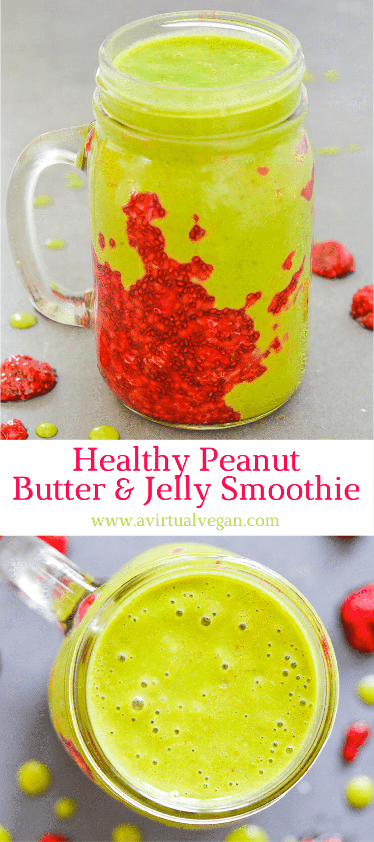 A sweet, creamy Peanut Butter & Jelly Smoothie stuffed with all sorts of healthy ingredients plus a beautiful smear of homemade raspberry chia jam. The perfect satisfying breakfast or snack with a whopping 8 grams of protein!