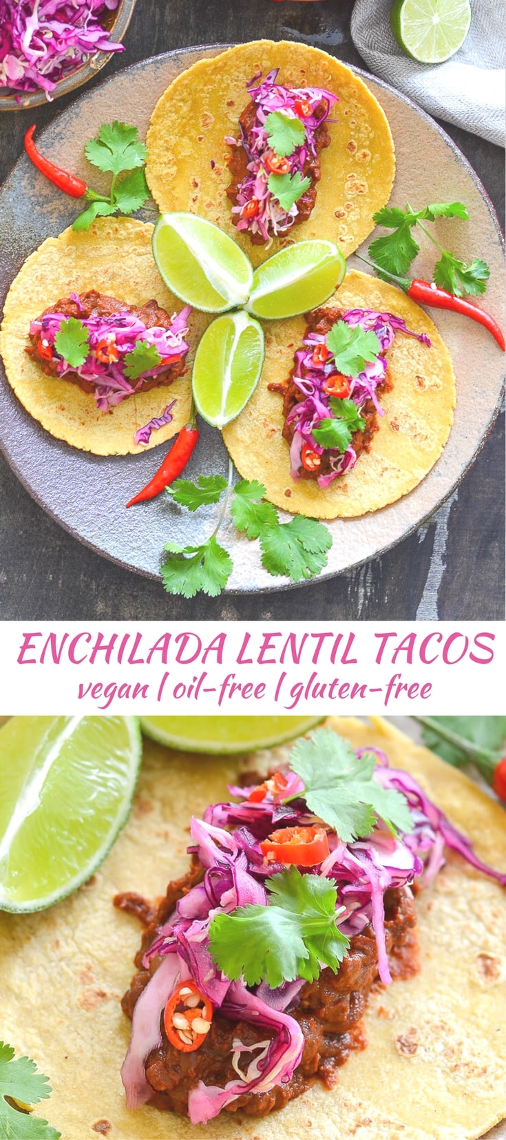These Enchilada Lentil Tacos have incredible depth of flavour! The lentils are cooked in a spicy enchilada sauce on the stove or in the slow cooker, then tucked inside tacos & topped with zesty lime slaw. The lentils are also good for enchiladas, burritos, quesadillas or just served on rice.