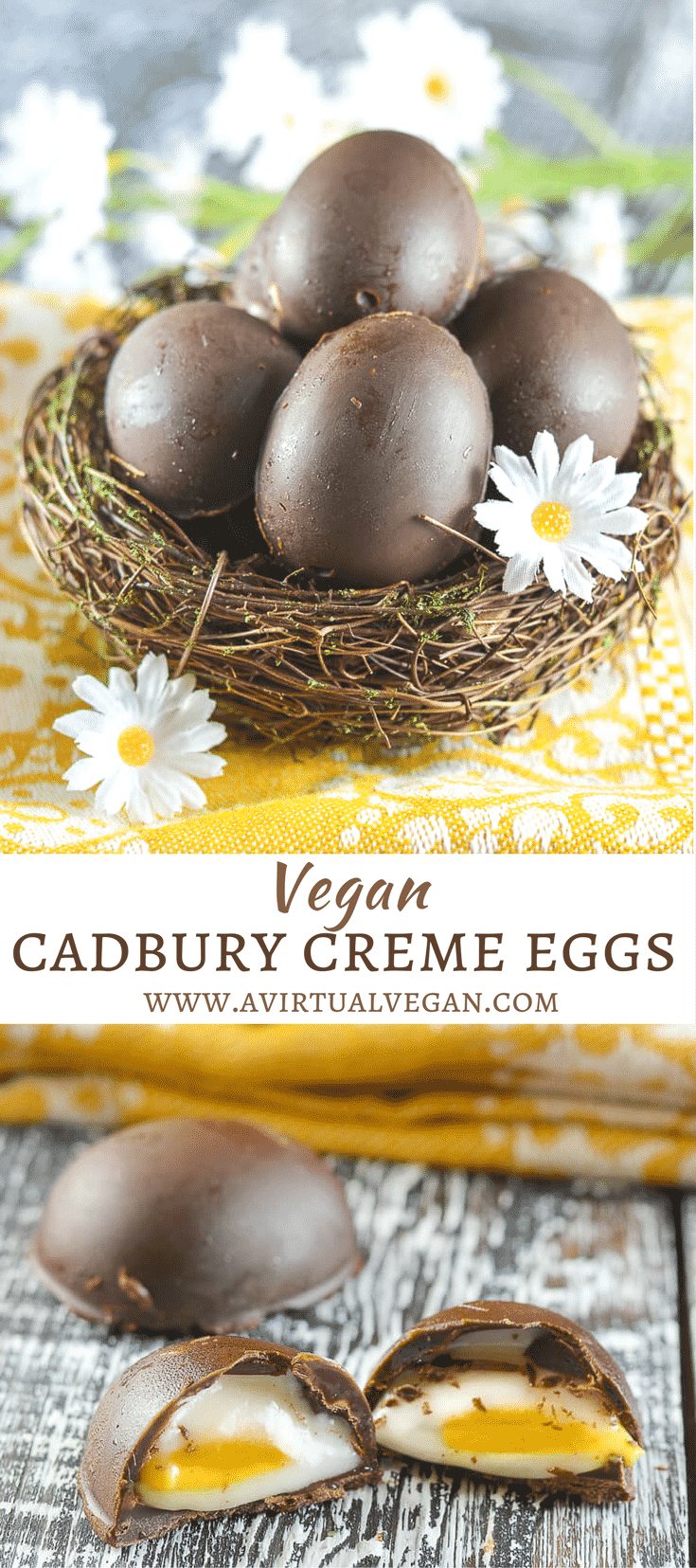 Sweet, creamy fondant filling encased in rich chocolate makes these Vegan Creme Eggs irresistible! A copycat version of that oh so popular Easter treat from Cadbury minus the egg white, cow's milk, natural flavours, emulsifiers, high fructose corn syrup & artificial colours.