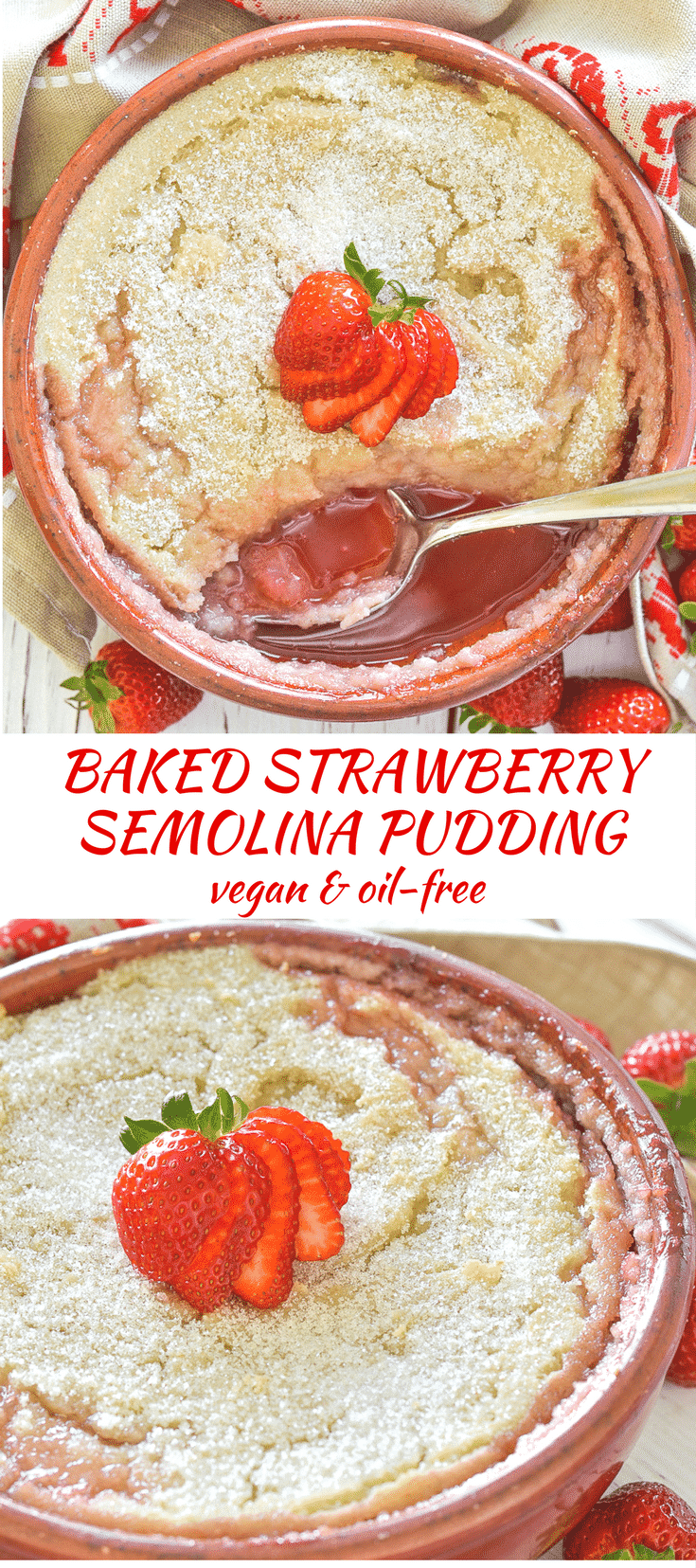 Semolina pudding but not as you know it......Sweet strawberries are baked under sugar encrusted semolina until bubbling & saucy. The pudding becomes almost sponge like & is so comforting & delicious!