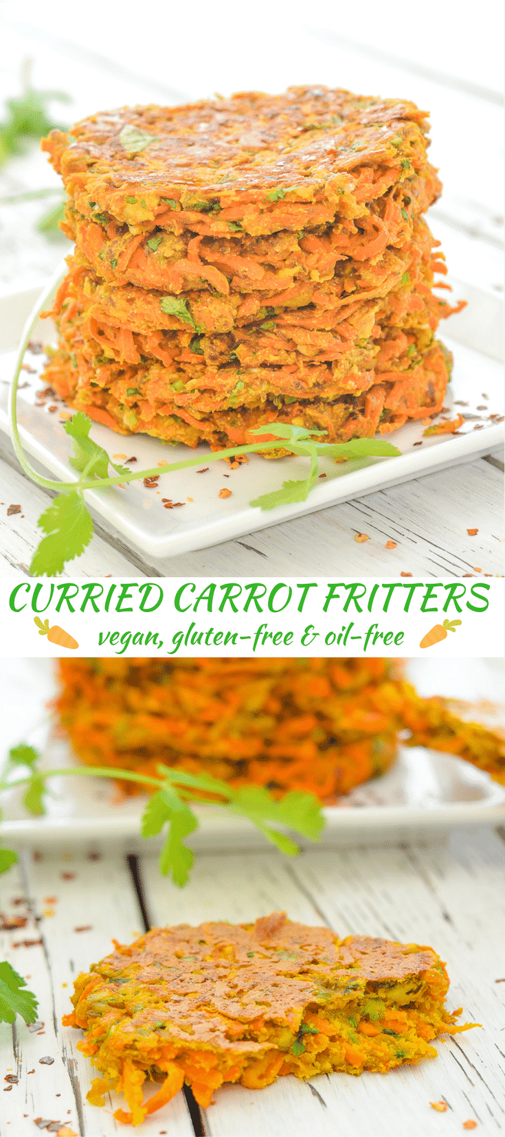 Light & perfectly spiced Curried Carrot Fritters. Protein packed, quick & delicious. Naturally vegan, gluten-free & oil-free.