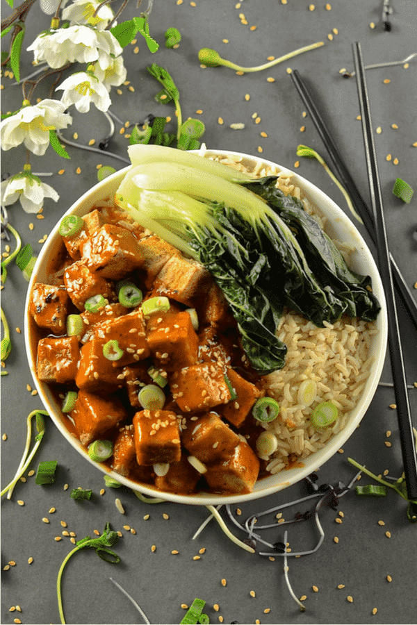This Five Spice Tofu with Chili Ginger Sauce is so fast and easy to make. It's sweet, sticky & spicy with amazing depth of flavour. A perfect mid-week meal! #tofu #5spice #fivespice #vegan