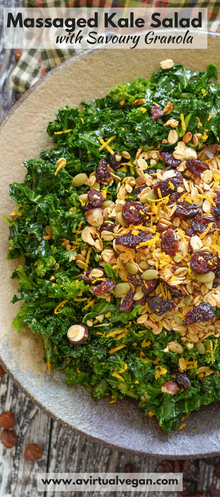 This healthy Massaged Kale Salad is dressed in a deliciously tangy orange vinaigrette then scattered generously with rosemary infused savoury granola.