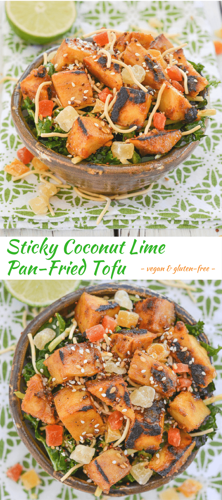 This Sticky Coconut Lime Pan-Fried Tofu is a complete flavour explosion. The tender nuggets are sticky, sweet, slightly tart & so satisfyingly delicious. It’s so hard not to eat them straight from the pan…..In fact I might well have the first time I made it! 😛