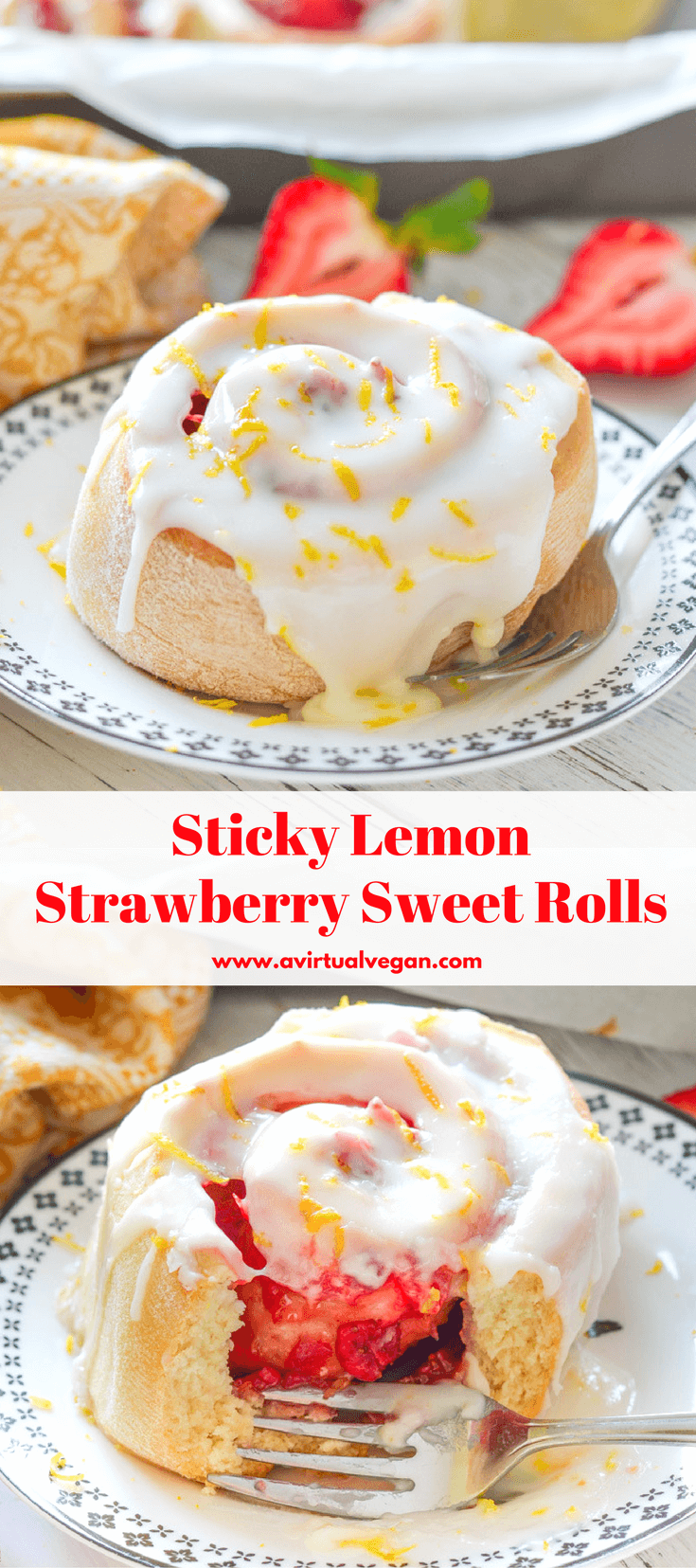 This Sticky Lemon Strawberry Sweet Rolls recipe is easy to make and downright decadent. Soft, fluffy, oozing with sticky, sweet strawberry filling & covered in swathes of zingy lemony frosting. And they are ready in a little over 1 hour....Grab your rolling pin because it's time to get baking!