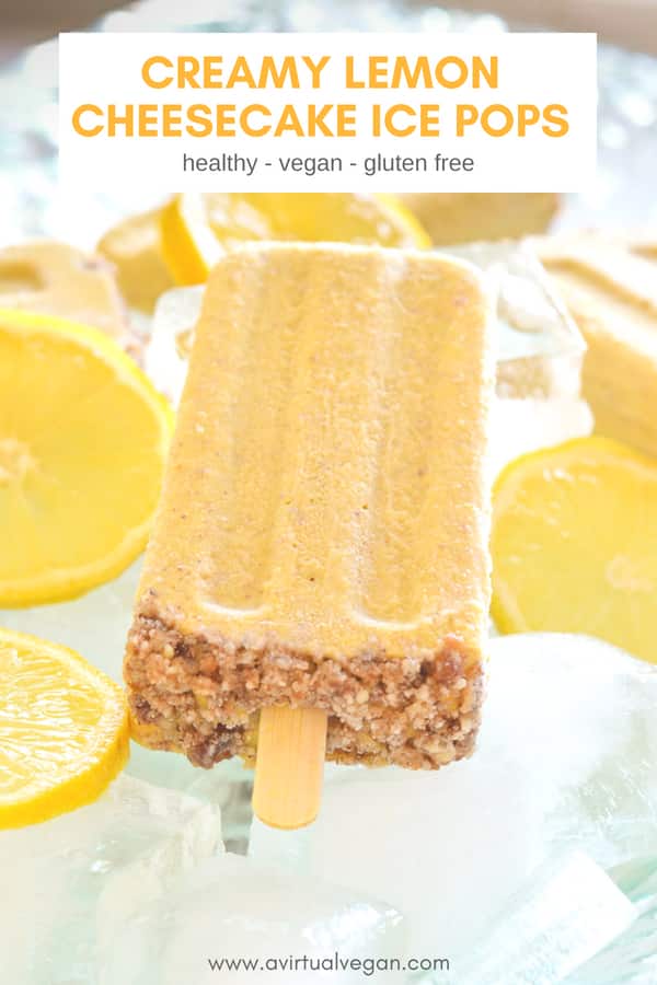 These Creamy Lemon Cheesecake Ice Pops are quick & easy to prepare & full of zingy lemony cheesecake flavor. They are packed with healthy ingredients & perfect for some cool refreshment this summer! #icepops #vegan #popsicles #popsicle #healthy #summerecipe