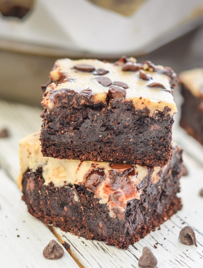 Cheesecake Topped Fudgy Chocolate Brownies stacked