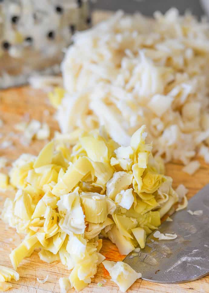 chopped artichoke hearts ready to make Thai Style Vegan Fish Cakes - A Virtual Vegan