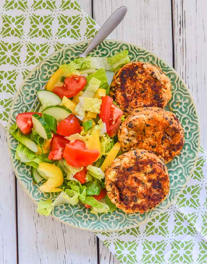Thai Style Vegan Crab Cakes with salad from above
