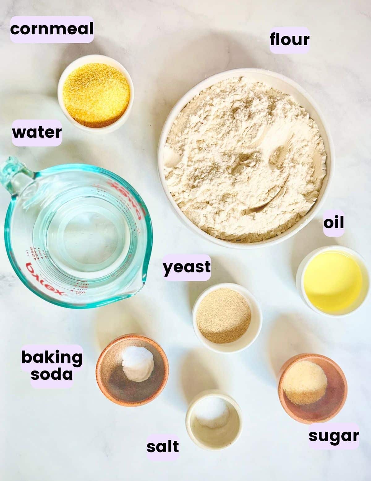 cornmeal, flour, water, yeast, oil, baking soda, sugar, salt