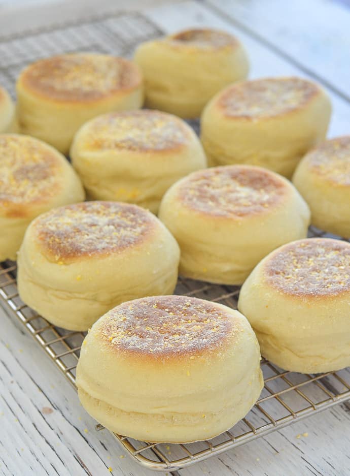 Homemade English Muffins on cooling rack