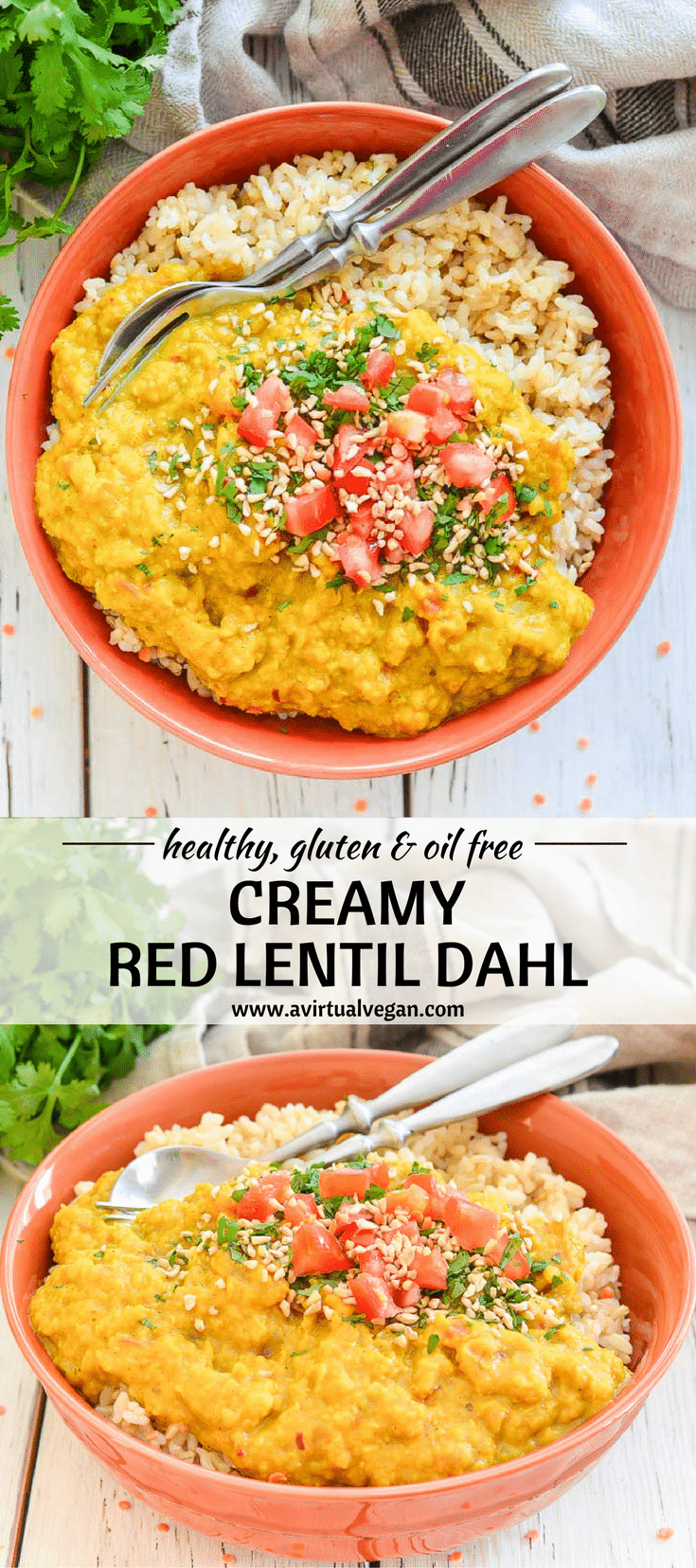 A quick & easy Red Lentil Dahl that is as soul warming as it is delicious. It's super creamy thanks to the melty red lentils & rich coconut milk. Perfect served over rice for an easy meal!