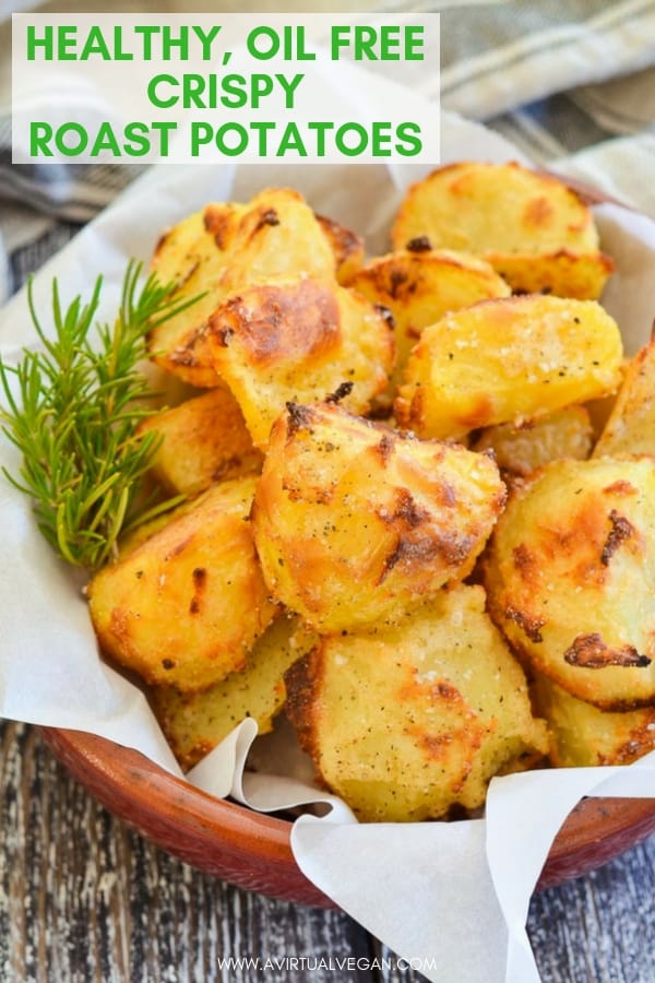 Golden Crispy Roasted Potatoes without a single drop of oil. Easy, healthy, low calorie and virtually fat-free! #roastpotatoes #roastedpotatoes #oilfree #healthyrecipe #potatoes #healthyrecipe