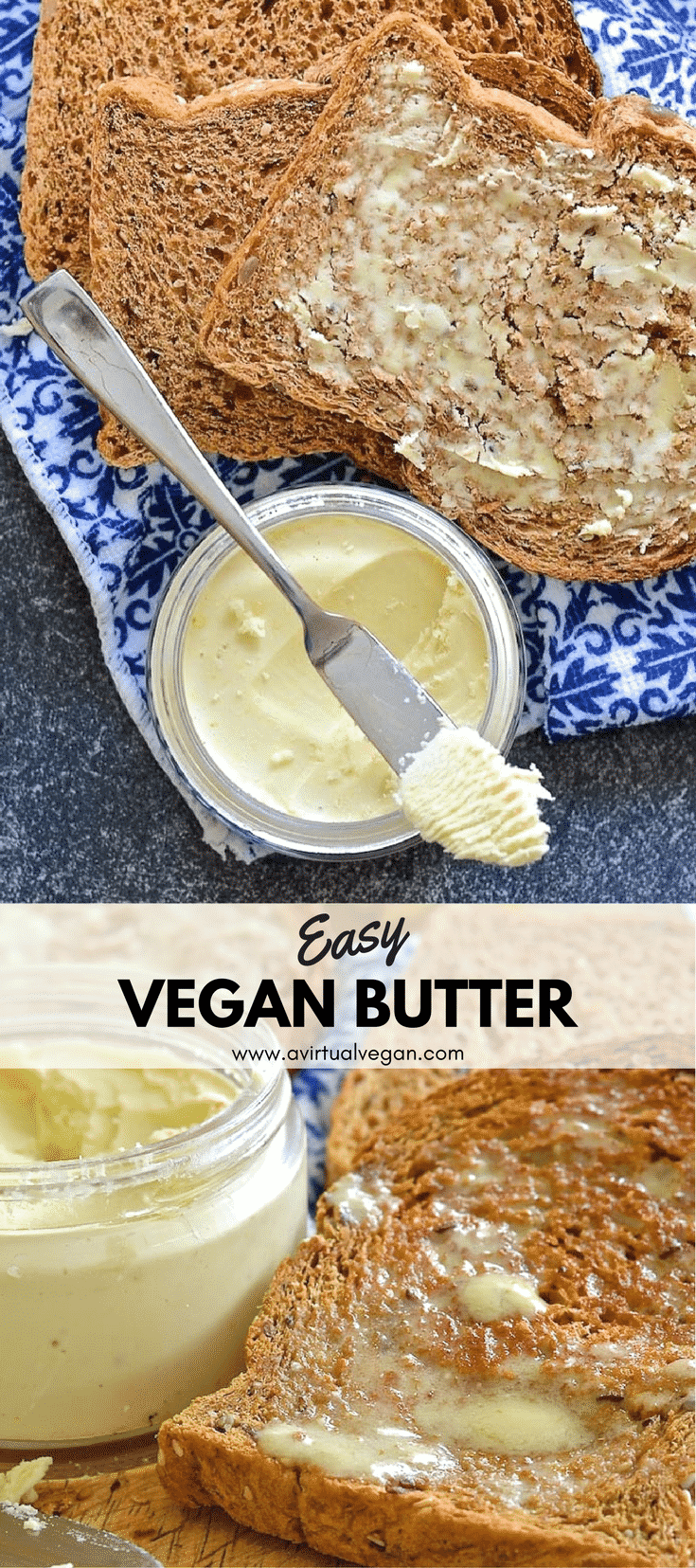 If you love butter but hate the ingredients in store bought dairy free versions then this vegan butter recipe is the answer to your prayers. It is dreamily smooth, rich & creamy & can be whipped up in minutes. It is also palm oil & emulsifier free & can be used in any way you would use real butter!