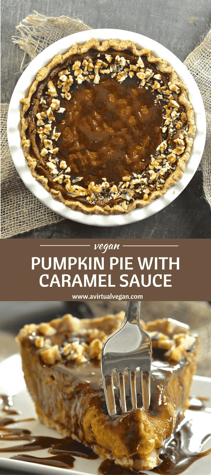 Velvety smooth, perfectly soft & custardy vegan pumpkin pie with a deliciously crisp pastry crust. Add to that a drizzle of decadently rich, warm caramel sauce & you have THE best fall dessert!