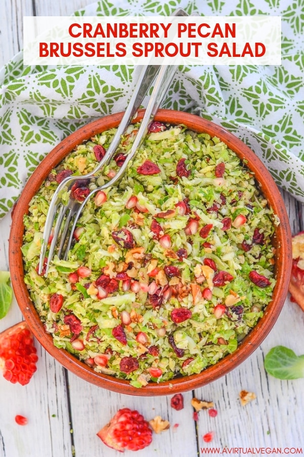 This citrus and cinnamon infused Cranberry Pecan Brussels Sprout Salad is fresh & absolutely packed with flavour & interesting textures. It's also hearty & warming thanks to the orange & cinnamon vinaigrette. Perfect for all of your fall & winter entertaining! #salad #brusselssprout #cranberries #holidaysalad #holidayrecipe #thanksgiving #vegan #christmas #christmasrecipe