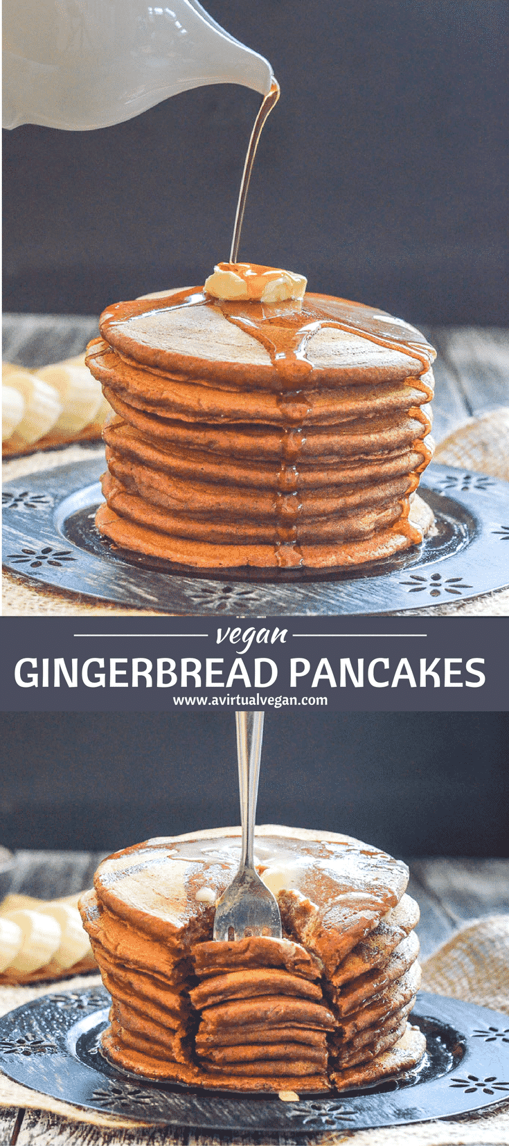 Soft, moist & fluffy Vegan Gingerbread Pancakes. Made healthier with wholegrain flour & not too sweet. Because...you know? TOPPINGS!!