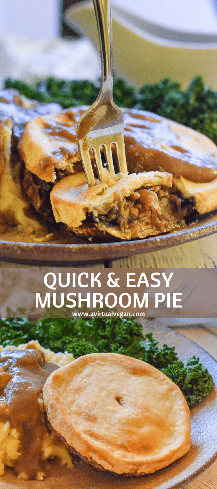Tender, juicy, meaty portobello mushroom, stuffed with sweet caramelized onions, a sprinkling of thyme, all topped with buttery, crisp pastry. This is seriously the easiest Vegan Mushroom Pie you will find & it’s so good!!! Perfect for making in advance too! #vegan #portobello #mushroom #pie #veganpie