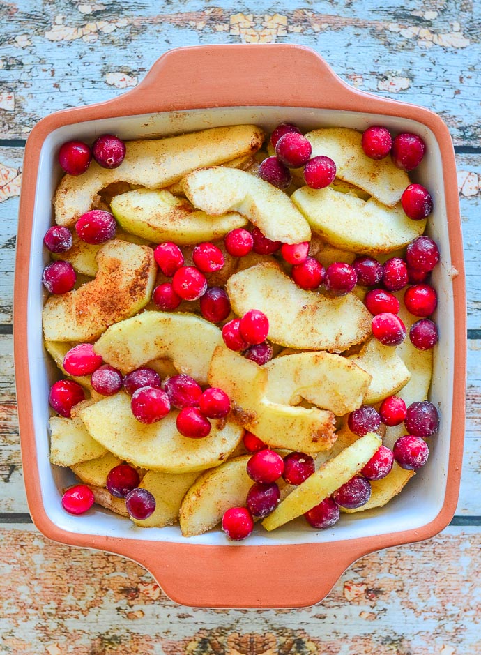 The fruity base of the Cranberry Apple Pear Vegan Crumble before the topping is added