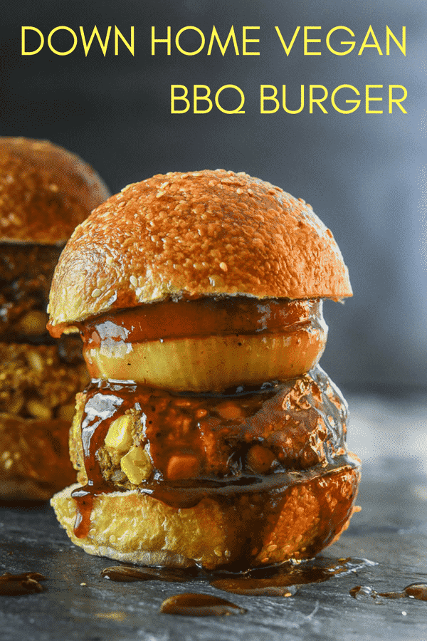 Big, flavour loaded Vegan BBQ Burgers slathered in BBQ sauce. These black bean burgers are stuffed full of healthy ingredients & are oil & gluten-free. Grab a napkin because it's going to get messy! #veganburger #veggieburger #blackbeanburger #BBQ #vegan #vegetarian