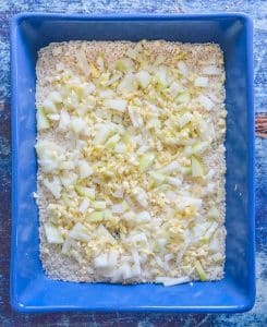 dried rice, onion and garlic in a blue dish - the 2nd step in making Easy Oven Baked Garlic mushroom Rice