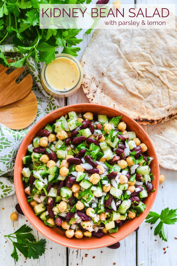 This simple, protein packed Kidney Bean Salad with Lemon & Parsley is filled with texture & bright, refreshing, zesty flavours. It's perfect as a side or for a light lunch! It's vegan, gluten-free & comes with an oil-free option. #kidneybeans #beans #salad #vegan #lemon #highprotein #veganprotein