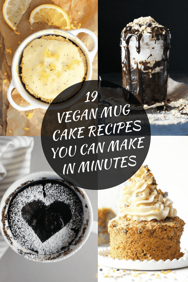 19 amazing and very decadent vegan mug cake recipes just waiting to be made by you! All vegan and most are ready in 1 minute or under. Zero to dessert in 60 seconds has got to be a good thing! #vegan #mugcake #mugcakes #veganmugcake #microwave