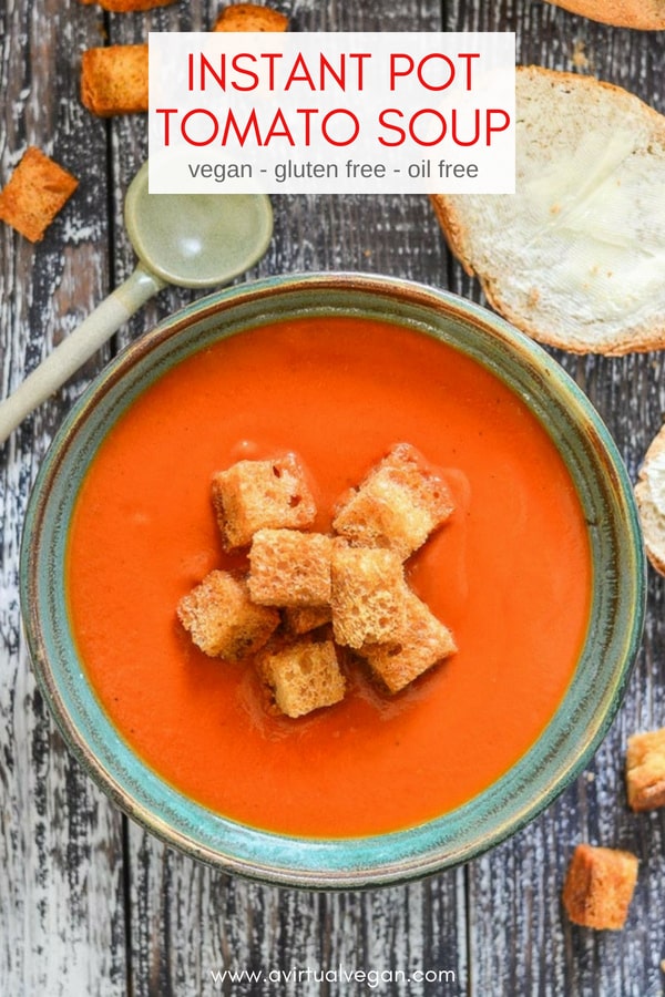 Super rich, insanely creamy Instant Pot Tomato Soup. Made with canned tomatoes for convenience, it's really quick & easy to make & involves minimal washing up. Dinner win! #tomatosoup #instantpot #pressurecooker #soup #vegan #vegetarian