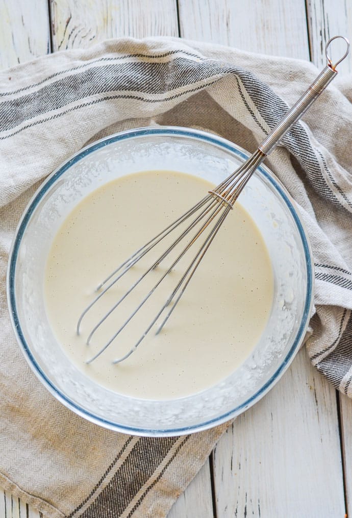 Vegan English Pancake batter in a bowl with a whisk