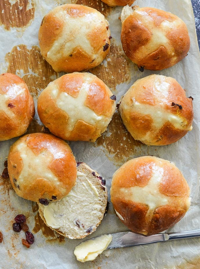 Hot Cross buns on a tray taken from above