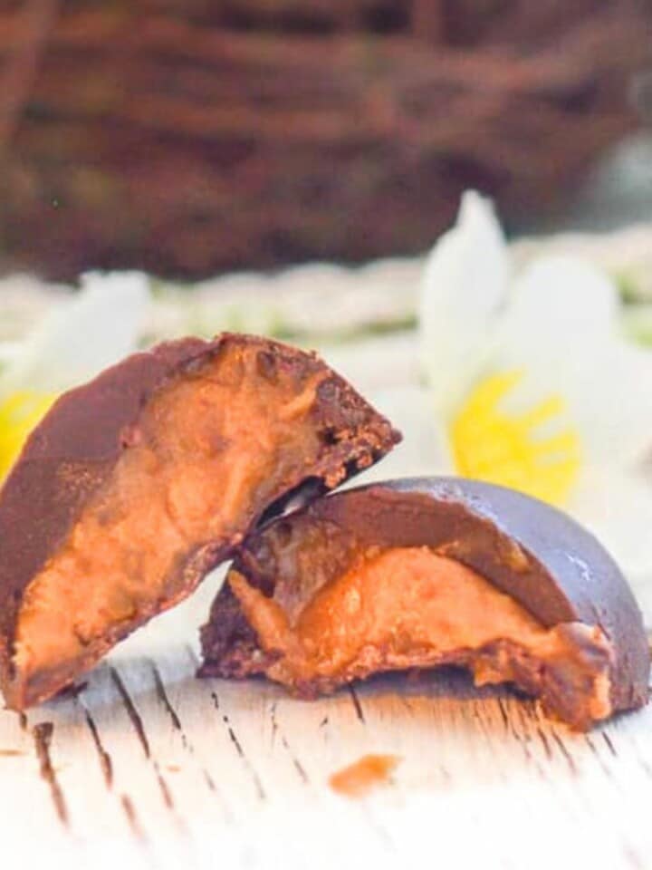 a cut open vegan caramel eggs