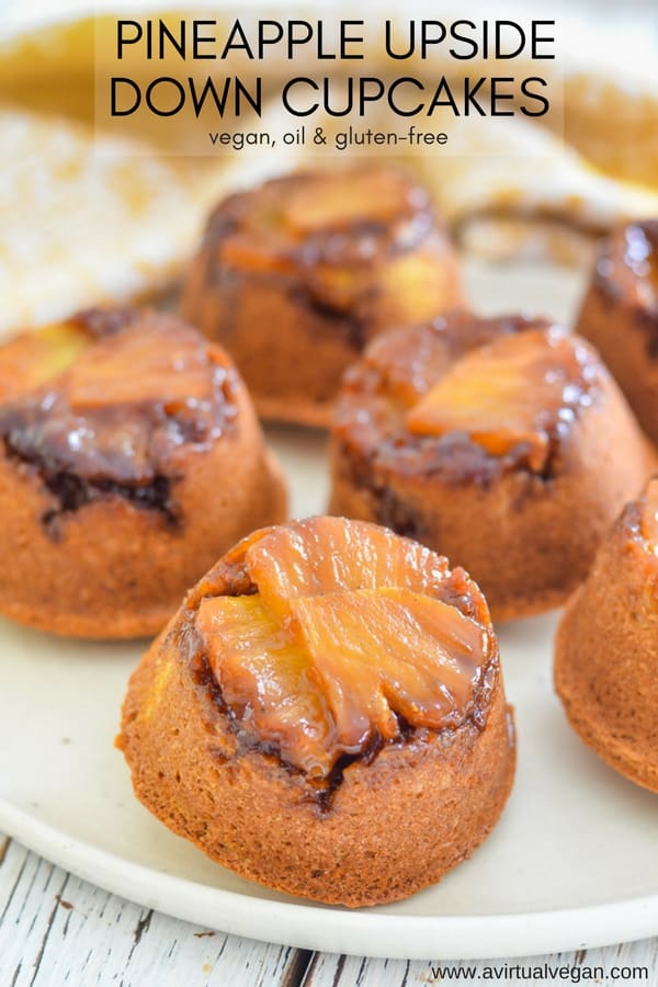 Healthier Pineapple Upside Down Cupcakes that taste amazing. Made with hearty, healthy ingredients like oats, coconut & pineapple and NO oil or flour so they are vegan, gluten-free & oil-free. There is absolutely no way anyone would ever know though! Perfect eaten as they are but even better served warm with a big dollop of ice-cream! #pineapple #pineappleupsidedowncupcake #pineappleupsidedowncake #oilfree #vegan #cupcake #muffins #vegandessert #veganbaking #upsidedowncake