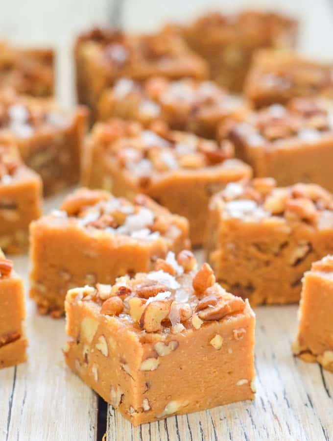 The easiest, most fool-proof, rich, sweet, melt-in-your-mouth Salted Maple Pecan Vegan Fudge. Punctuated with crunchy pecan pieces and a smattering of sea salt crystals, it’s like salty, sweet perfection!