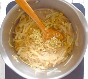 onions and garlic in a pan - making udon noodle soup