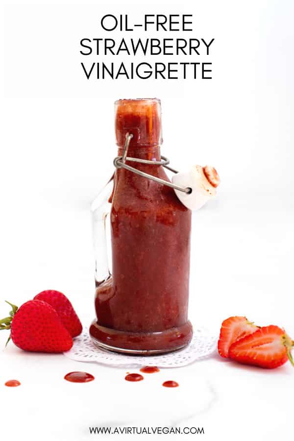 A really simple and super tasty, completely oil-free Strawberry Vinaigrette. The flavour is amazing - Such a lovely balance of sweet & tangy. It's ready in only a couple of minutes & perfect when drizzled over fresh leafy greens! #vinaigrette #saladdressing #oilfree #wholefood #healthy #strawberry #strawberries #vegan
