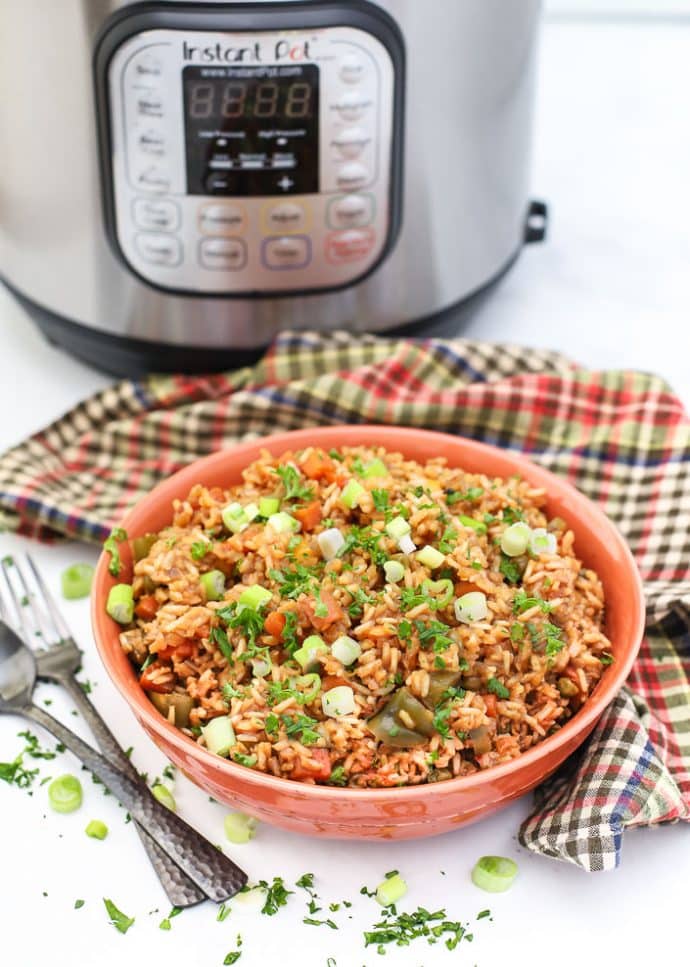 teriyaki instant pot rice in a bowl with an Instant Pot in the background