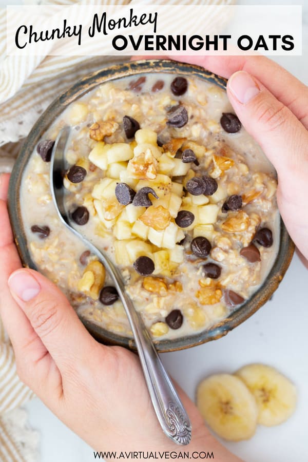 Overnight Oats Chunky Monkey Style! We're talking banana, nuts, chocolate & creamy oatmeal, because everyone deserves to wake up to that combo! There is no cooking involved at all. Make up a batch in minutes, store them in the fridge & they are perfect for quick, healthy breakfasts on the go! #overnightoats #oatmeal #overnightoatmeal #chunkymonkey #vegan #banana #breakfast