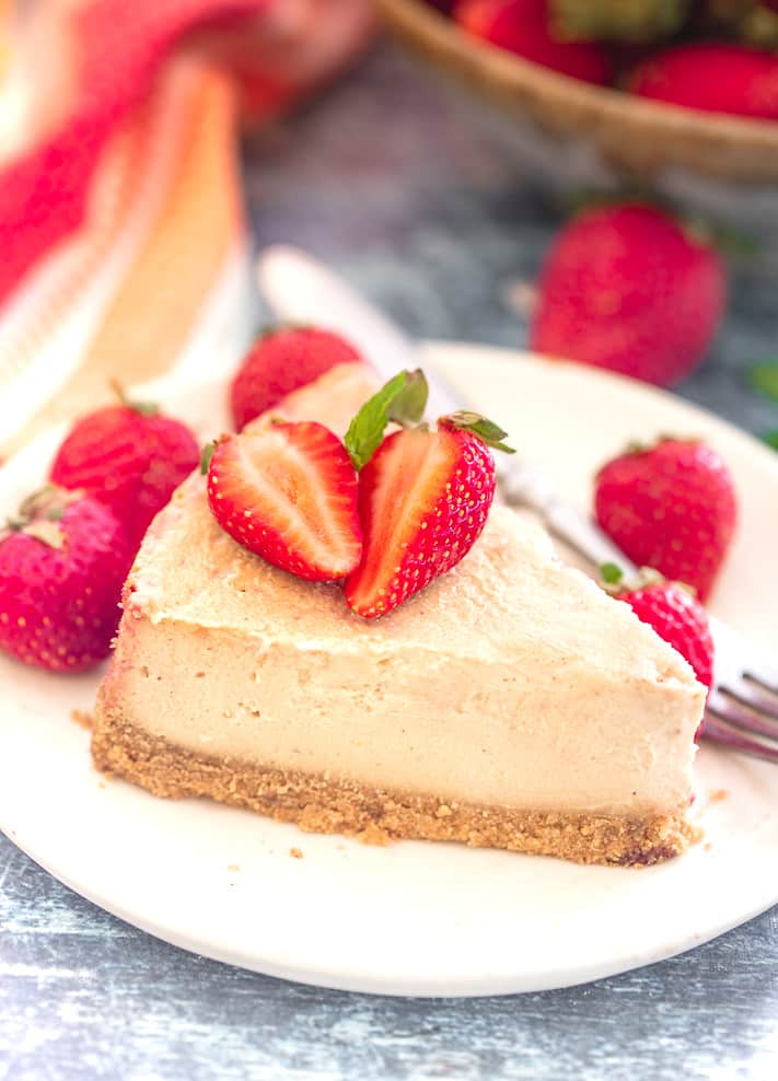 a slice of baked Vegan New York Cheesecake