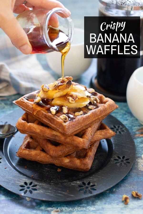 Toasty, golden, crunchy Banana Waffles are in your breakfasting future and they couldn't be simpler to make because you can whip the batter up in your blender! #waffles #bananawaffles #breakfast #vegan #veganbreakfast