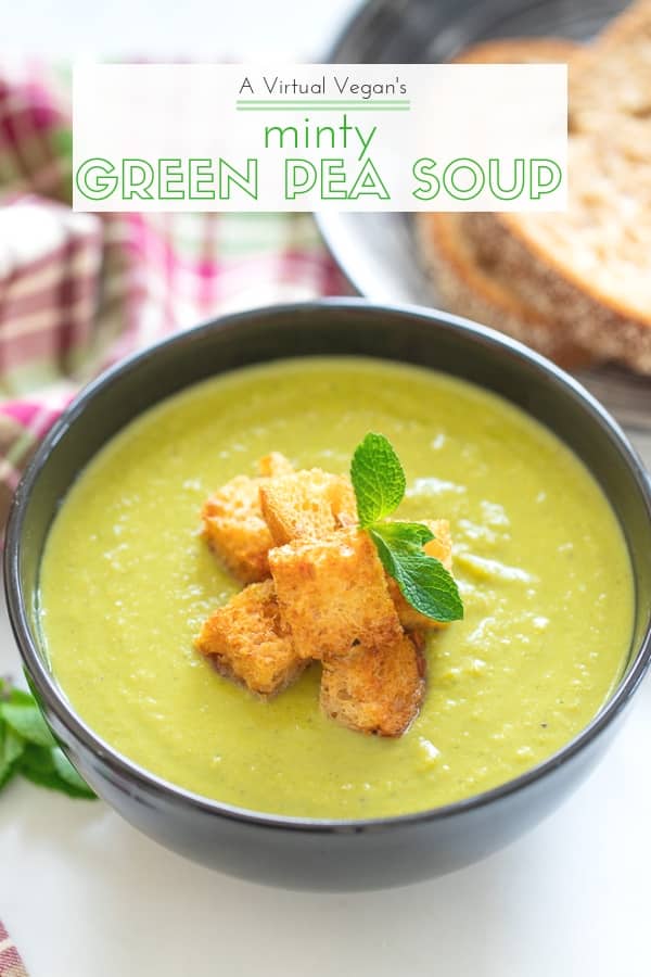 A bowl of brilliant green goodness to warm your soul! This Green Pea Soup with a generous handful of mint for good measure, is healthy, low calorie, packed with protein and super simple to make. With only 6 ingredients (plus salt & pepper) you probably already have everything you need to make it too! #peasoup #soup #vegan #mint #peamintsoup