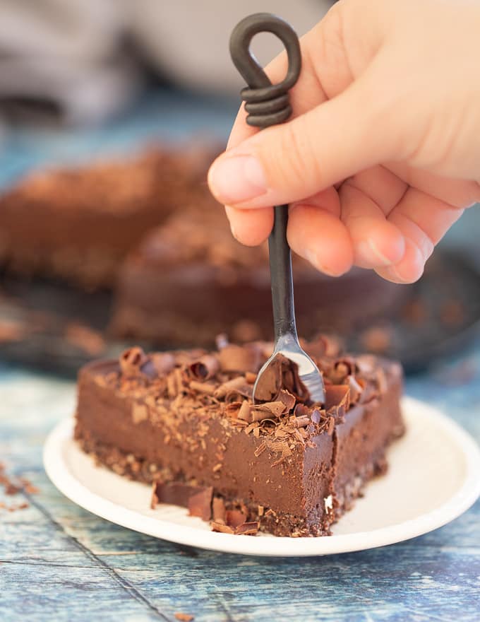 Fork in a slice of No-Bake Espresso Chocolate Fudge Cake