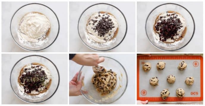 Step by step photographs in a collage of making Vegan Chocolate Chip Cookies with Cranberries and Rosemary 