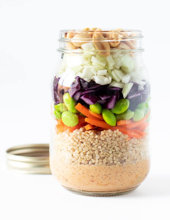 A healthy, super tasty lunch doesn't get any easier than this Peanut Crunch Salad in a Jar. Make up a bunch of them while meal prepping on Sunday and you will have grab-and-go lunches all ready in the fridge for your week ahead! 