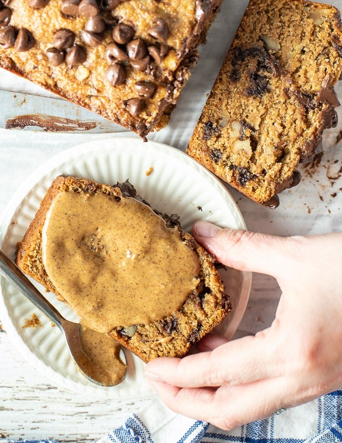 best vegan banana spread, sliced and spread with almond butter