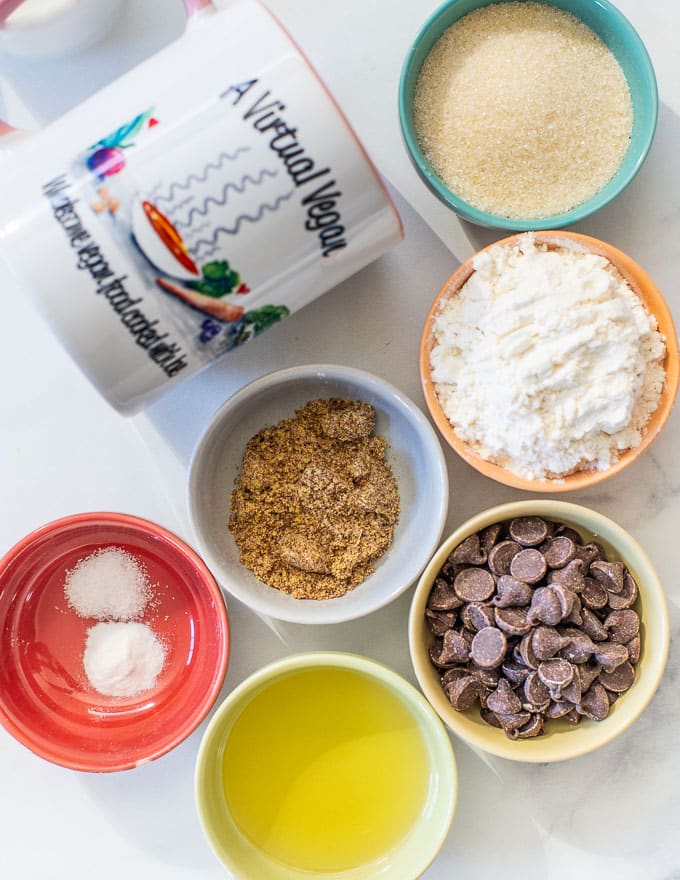 ingredients to make chocolate chip cookie in a mug 