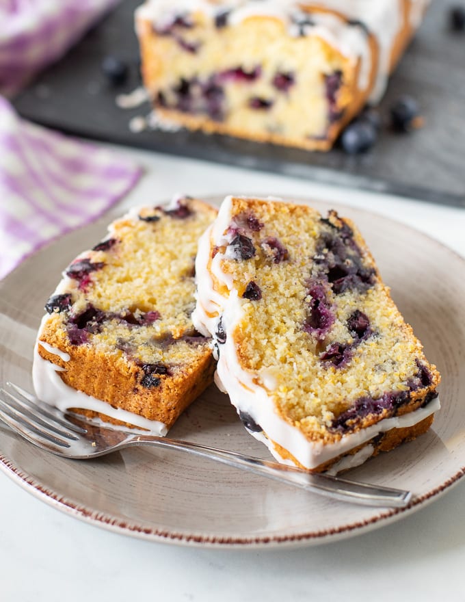 Slices of Lemon Blueberry Loaf on a plate 