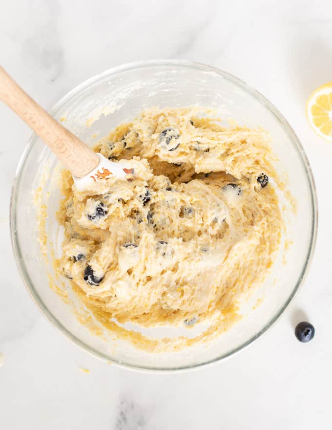 Lemon Blueberry Loaf batter in a mixing bowl