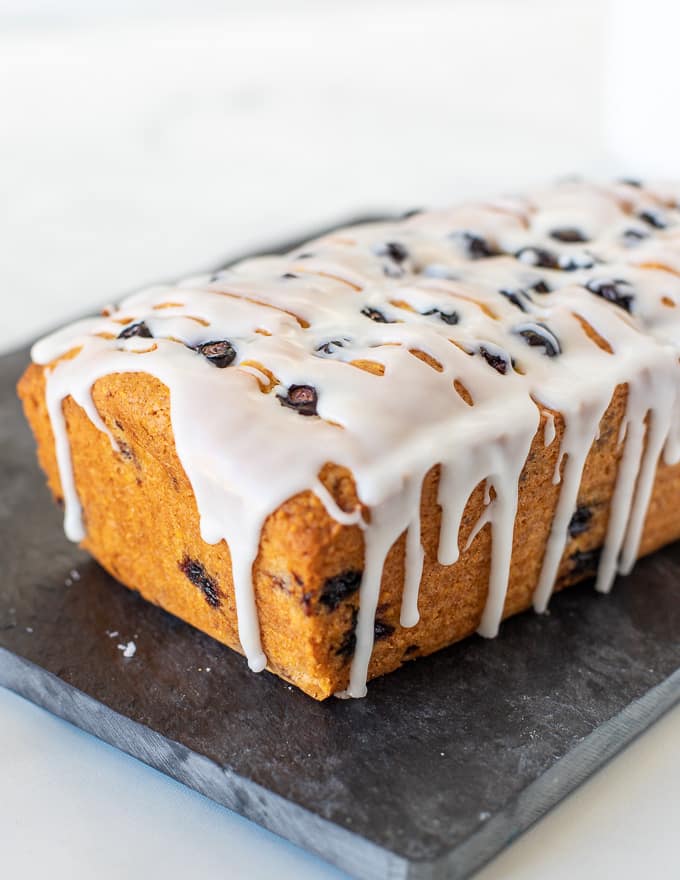 lemon blueberry loaf with a dribbly glaze