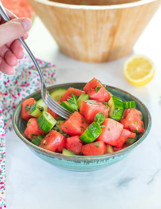 watermelon mint salad in a bowl