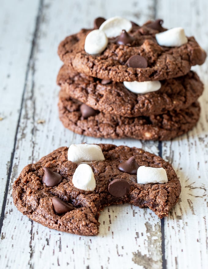 Chocolate Marshmallow Cookie with a bite taken out of it 